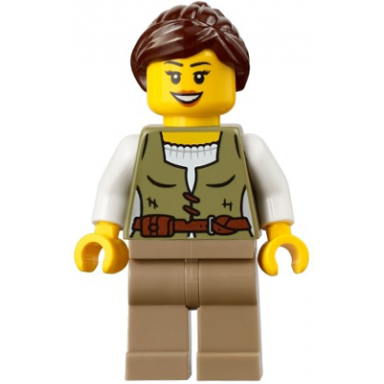 riverside scholars - female olive green vest dark tan legs dark brown ponytail