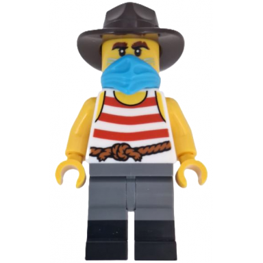 wild west train bandit - male white tank top with red stripes dark bluish gray legs with black boots dark azure bandana dark brown fedora