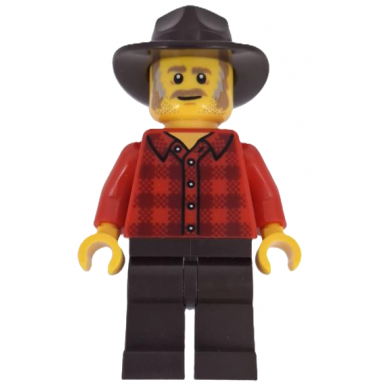 wild west train stable hand - male red plaid flannel shirt dark brown legs and fedora