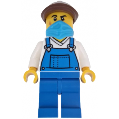 wild west train stable hand - male blue overalls blue legs dark azure bandana reddish brown flat cap