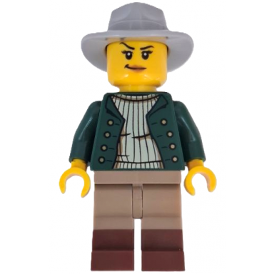wild west train cowboy - female dark green jacket dark tan legs with reddish brown boots light bluish gray fedora