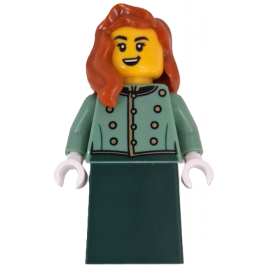 wild west train passenger - female sand green vest dark green skirt dark orange hair over shoulder