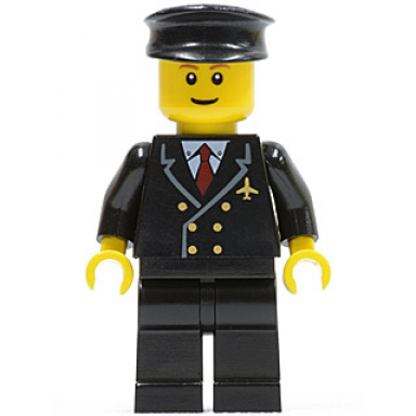 airport - pilot with red tie and 6 buttons black legs black hat brown eyebrows thin grin