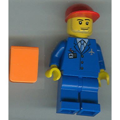 airport - blue 3 button jacket tie red cap blue legs orange vest