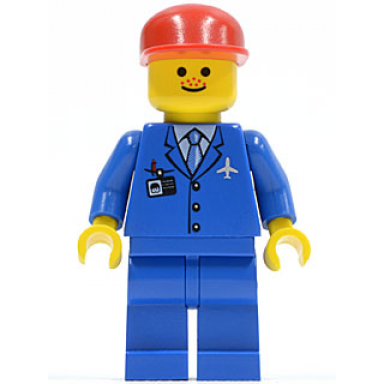airport - blue 3 button jacket tie red cap freckles