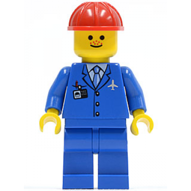 airport - blue 3 button jacket tie red construction helmet freckles