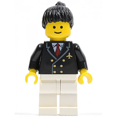 airport - pilot with red tie and 6 buttons white legs black ponytail hair standard grin