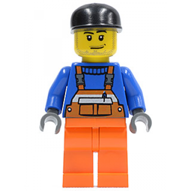 overalls with safety stripe orange orange legs black cap smirk and stubble beard