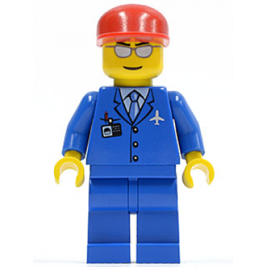 airport - blue 3 button jacket tie red cap silver sunglasses with thin smile