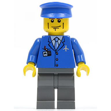 airport - blue 3 button jacket tie blue hat dark bluish gray legs vertical cheek lines