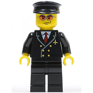 airport - pilot with red tie and 6 buttons black legs black hat orange sunglasses
