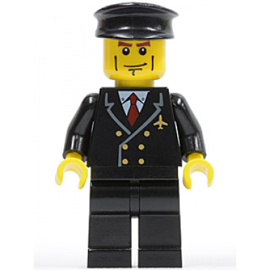 airport - pilot with red tie and 6 buttons black legs black hat vertical cheek lines