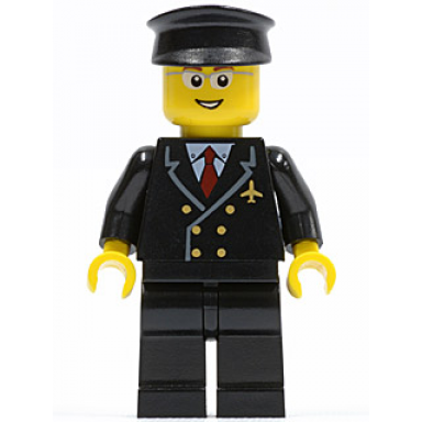 airport - pilot with red tie and 6 buttons black legs black hat glasses open mouth smile