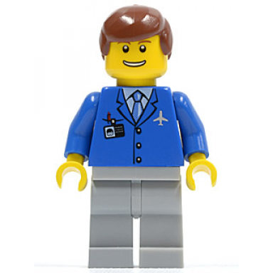 airport - blue 3 button jacket tie light bluish gray legs reddish brown male hair thin grin with teeth