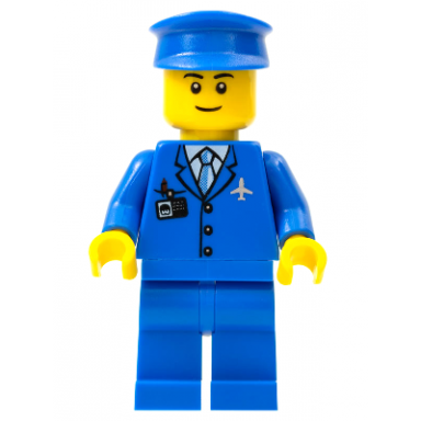 airport - blue 3 button jacket and tie blue hat blue legs black eyebrows