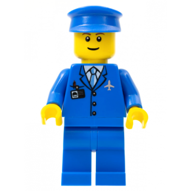 airport - blue 3 button jacket and tie blue hat blue legs reddish brown eyebrows
