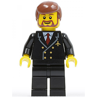 airport - pilot with red tie and 6 buttons black legs reddish brown hair brown beard rounded