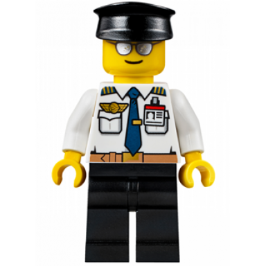 airport - pilot white shirt with dark blue tie belt and id badge black legs black hat