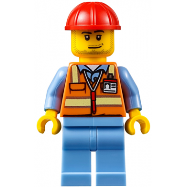 orange safety vest with reflective stripes medium blue legs red construction helmet smirk and stubble beard