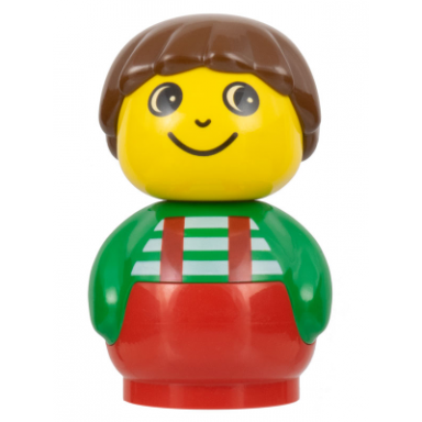 primo figure boy with red base green top with red suspenders with white stripes brown hair