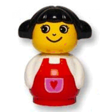 primo figure girl with red base white top with red overalls with red heart in purple pocket black hair