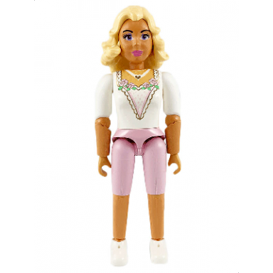 belville female adult woman princess bride - pink shorts white top with flowers and gold lace trim pattern very light orange hair white shoes
