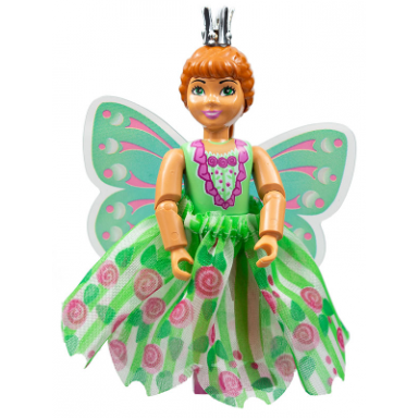 belville female child girl princess flora - medium green top with flowers pattern dark orange hair dark pink shoes skirt with wings crown
