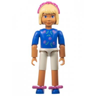 belville female child girl pamela - white shorts blue top with flowers pattern very light orange hair blue shoes hairband bows