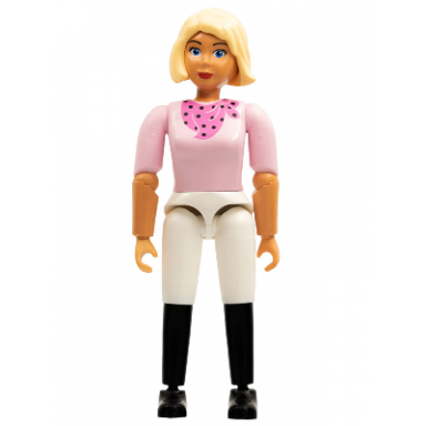 belville female adult woman horse rider - white shorts pink shirt with dark pink bandana pattern very light orange hair black shoes