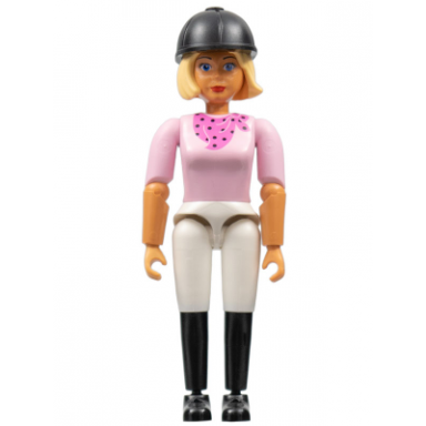 belville female adult woman horse rider - white shorts pink shirt with dark pink bandana pattern very light orange hair black shoes hat