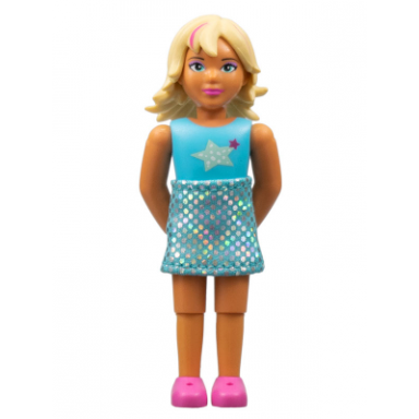 belville female child girl pop star - sky blue top with stars pattern light yellow hair with dark pink streaks dark pink shoes skirt