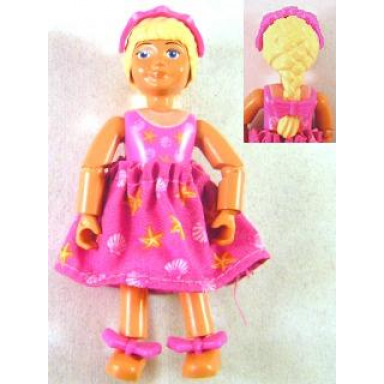 belville female child girl - dark pink swimsuit with starfish sea stars and seashells pattern very light orange hair skirt hairband bows