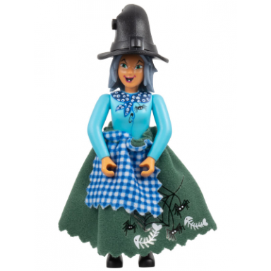 belville female adult woman witch - magenta pants sky blue top with scarf and spider pattern sand blue hair black shoes skirt hat