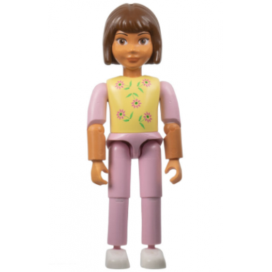 belville female child girl - pink pants light yellow top with flowers pattern brown hair white shoes