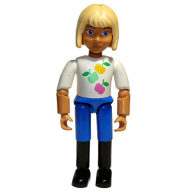 belville female child girl horse rider - blue shorts white top with apples pattern very light orange hair black shoes