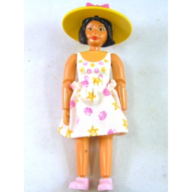 belville female - white swimsuit with starfish sea stars and seashells pattern black hair pink shoes hat with bow