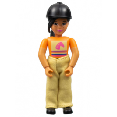 belville female - girl black ponytail orange shirt tan pants black riding helmet