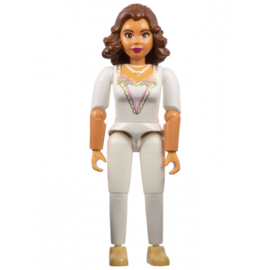 belville female adult woman princess bride - white pants white top with flowers and gold lace trim pattern reddish brown hair pearl light gold shoes