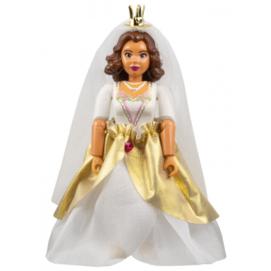 belville female adult woman princess bride - white pants white top with flowers and gold lace trim pattern reddish brown hair pearl light gold shoes skirt veil crown