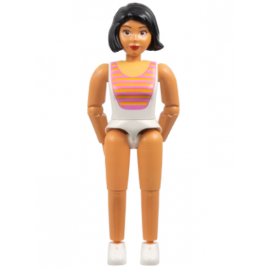 belville female adult woman - white swimsuit with dark pink and light orange stripes pattern black hair white shoes