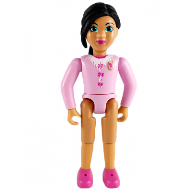 belville female - girl with bright pink top with fur and bow detail gold horseshoe brooch dark pink shoes and long black hair