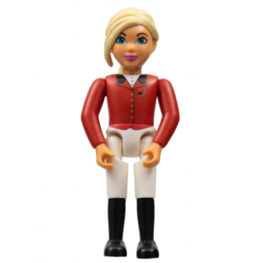 belville female child girl horse rider - white shorts red top with buttons pattern light yellow hair black shoes