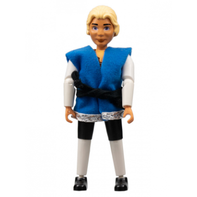 belville male adult man prince justin - black shorts white top with laces and royal crest logo pattern very light orange hair black shoes vest