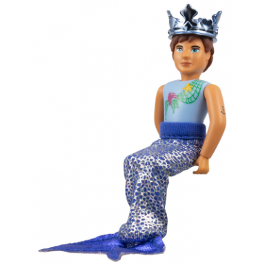 belville male adult man merman - bright light blue top with net starfish sea star and seashell pattern reddish brown hair fish tail crown