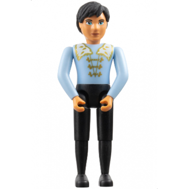 belville male adult man king - black pants light blue top with white fur and gold trim pattern black hair black shoes