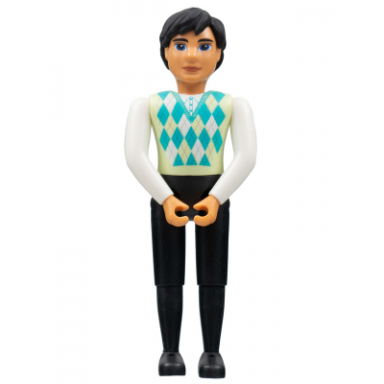 belville male adult man - black pants light lime top with argyle pattern black hair black shoes