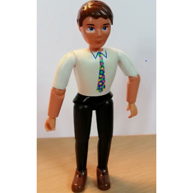 belville male - black pants white shirt brown hair multicolored tie