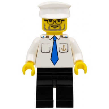 boat captain with blue tie and anchor on pocket white hat