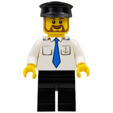 boat captain with blue tie and anchor on pocket black hat brown beard rounded