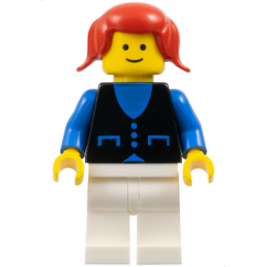 shirt with 3 buttons - blue white legs red pigtails hair